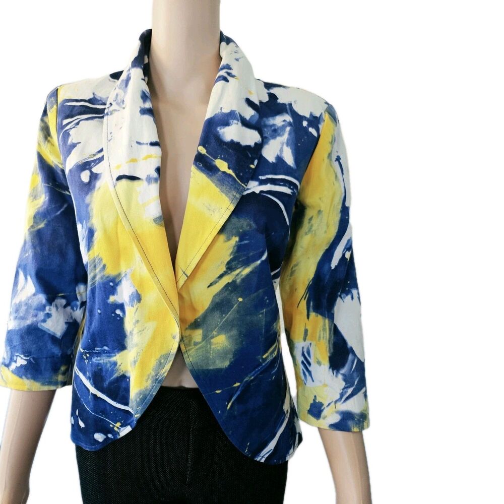 Patrick Christopher Blue Yellow Abstract Open Front Blazer Size S